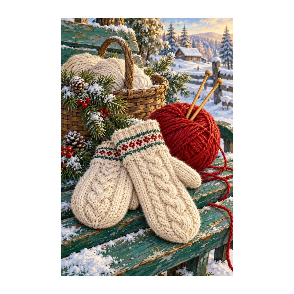 White-background original artwork of winter knitting mittens