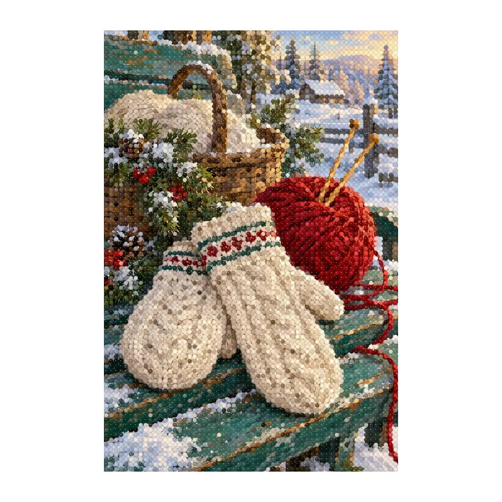 White-background finished diamond painting of winter knitting mittens