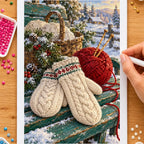 Hands placing drills on the winter knitting mittens diamond painting canvas