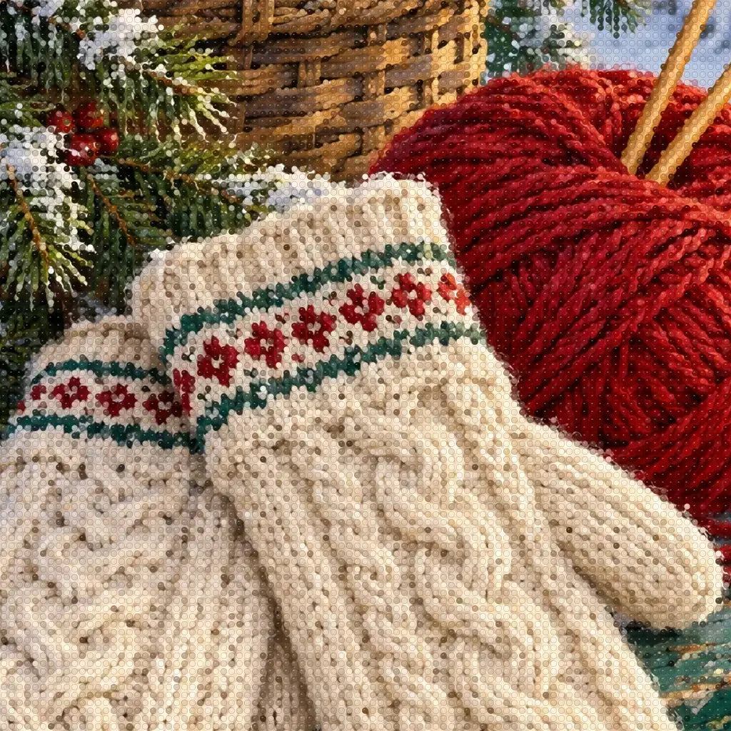 Close-up diamond detail of the winter knitting mittens diamond painting