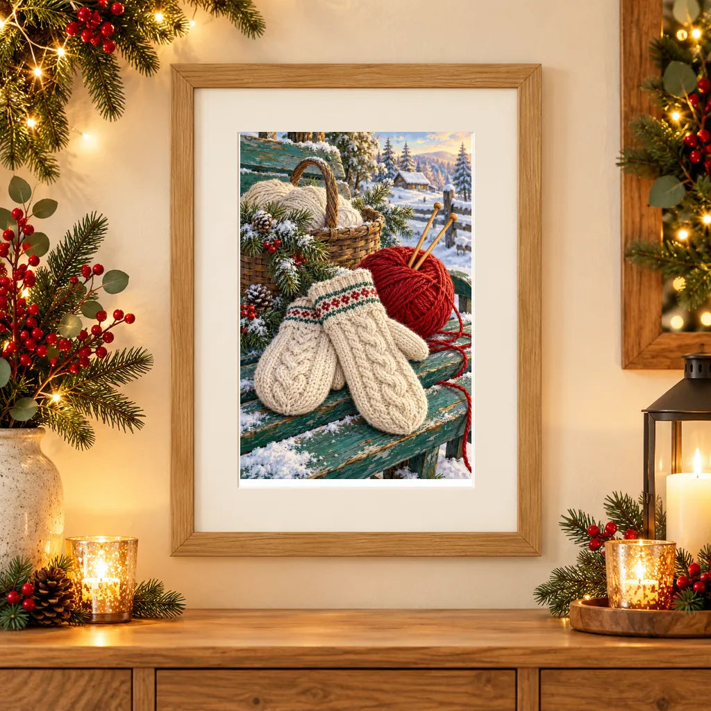 Framed home display of the winter knitting mittens diamond painting
