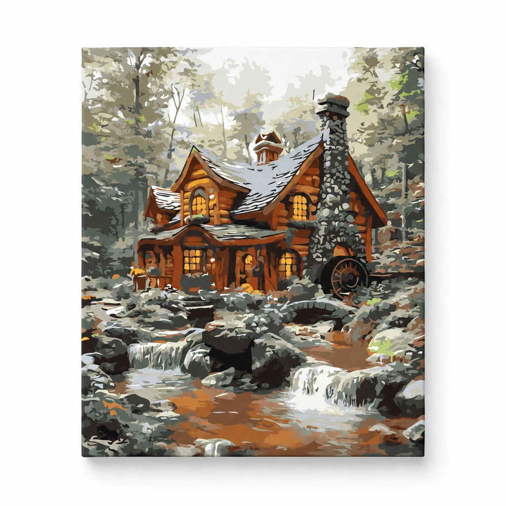 Winter Log Cabin by Stream paint by numbers artwork on a front-facing canvas against a white background