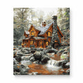 Winter Log Cabin by Stream paint by numbers artwork on a front-facing canvas against a white background