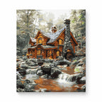 Winter Log Cabin by Stream paint by numbers artwork on a front-facing canvas against a white background