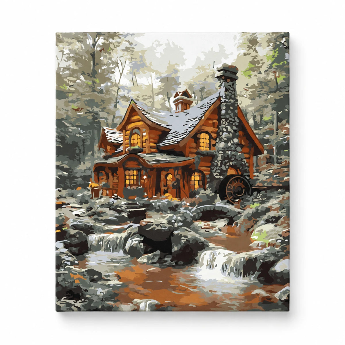 Winter Log Cabin by Stream paint by numbers artwork on a front-facing canvas against a white background