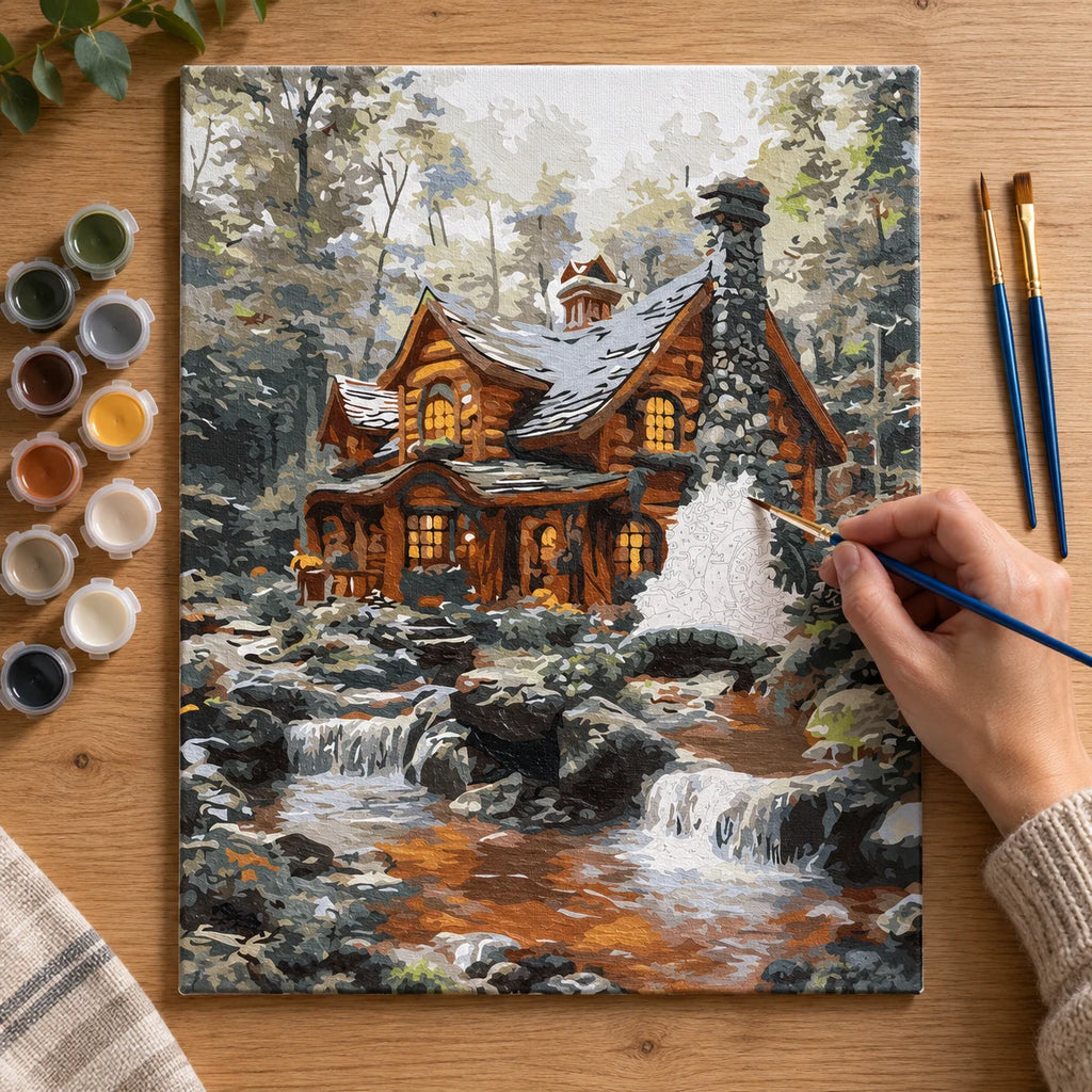 Complete Winter Log Cabin by Stream numbered canvas being painted with acrylic paints and brushes