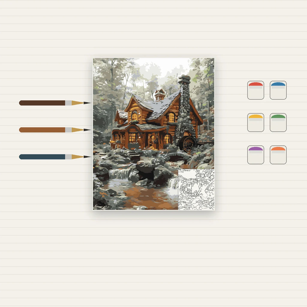 Complete Winter Log Cabin by Stream numbered canvas being painted with acrylic paints and brushes