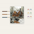 Complete Winter Log Cabin by Stream numbered canvas being painted with acrylic paints and brushes