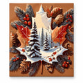 Winter Maple Leaf and Pinecones paint by numbers artwork on a front-facing canvas against a white background