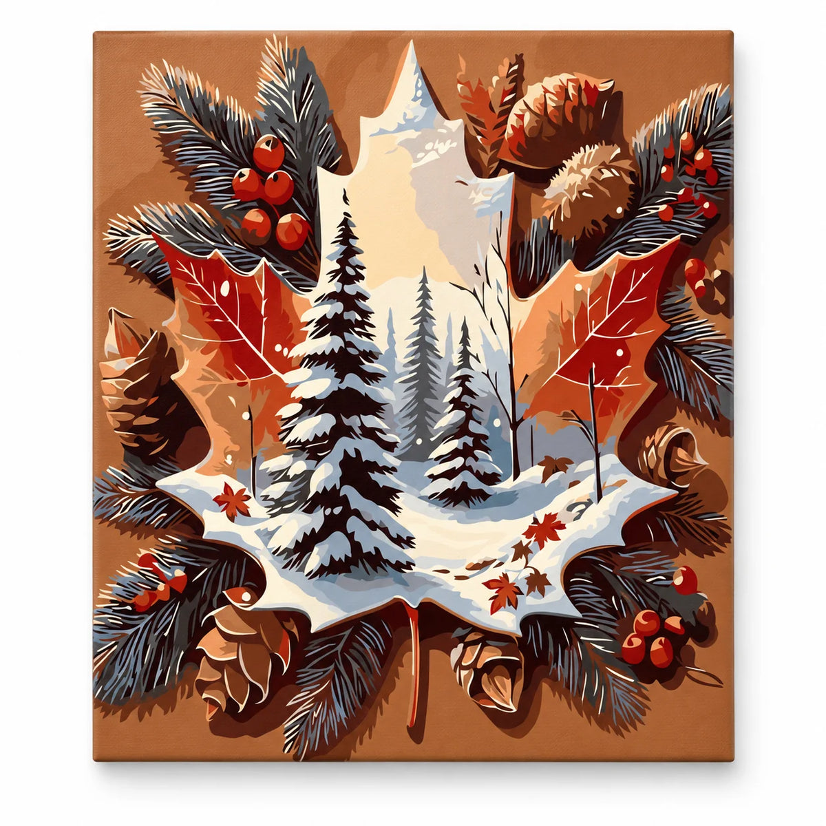 Winter Maple Leaf and Pinecones paint by numbers artwork on a front-facing canvas against a white background