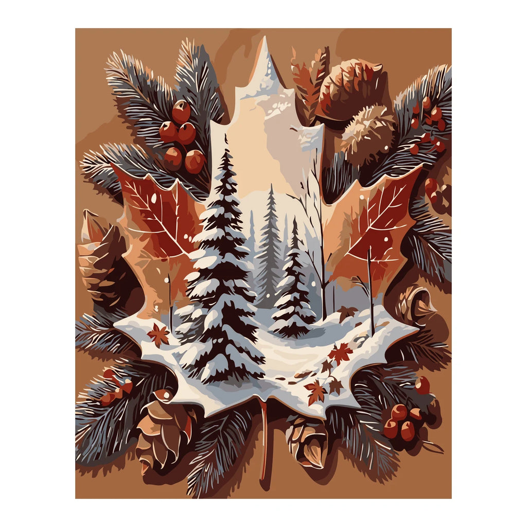 Winter Maple Leaf and Pinecones completed artwork on a clean white background