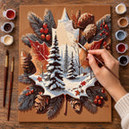 Complete Winter Maple Leaf and Pinecones numbered canvas being painted with acrylic paints and brushes