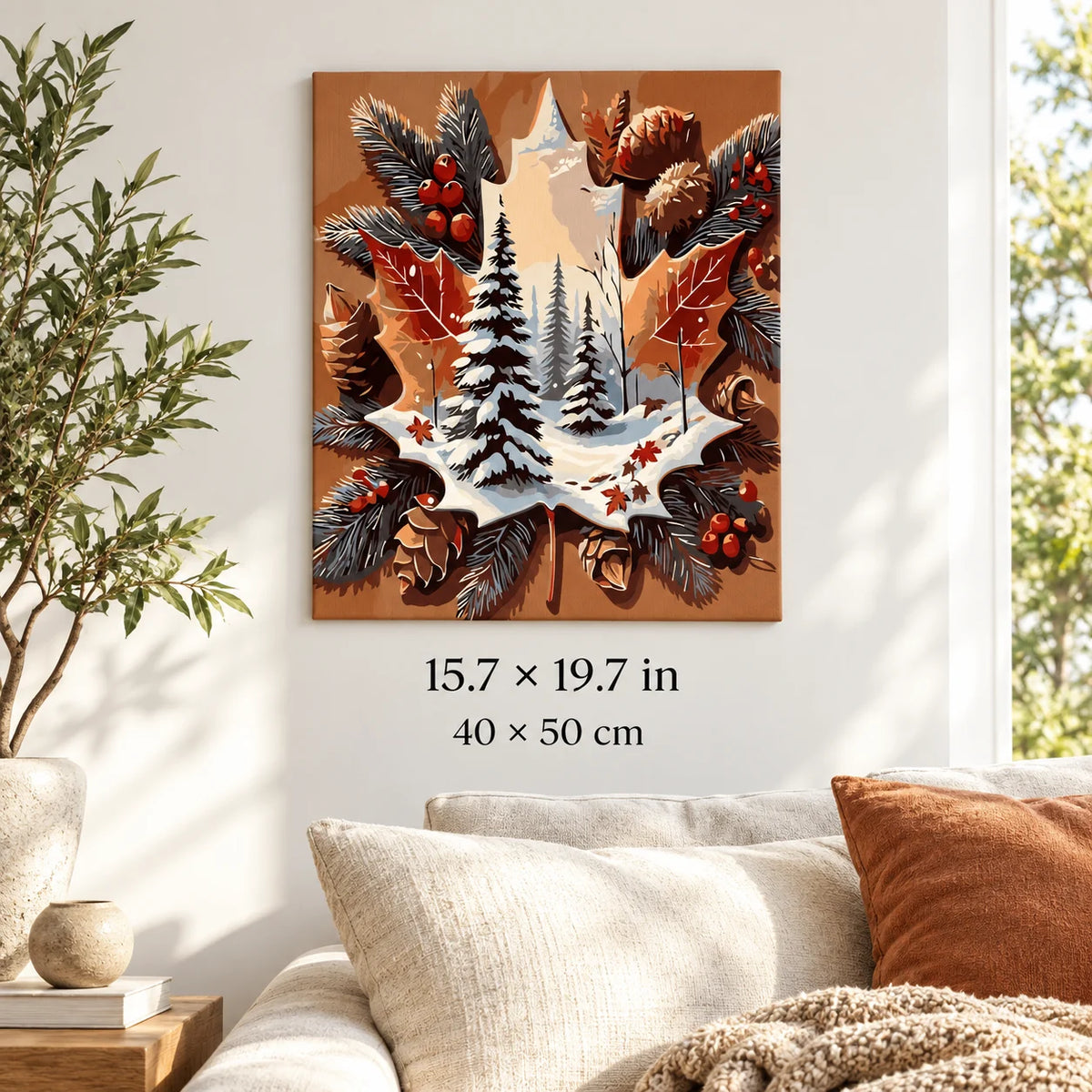 Winter Maple Leaf and Pinecones shown in a styled room with 15.7 × 19.7 in and 40 × 50 cm dimensions