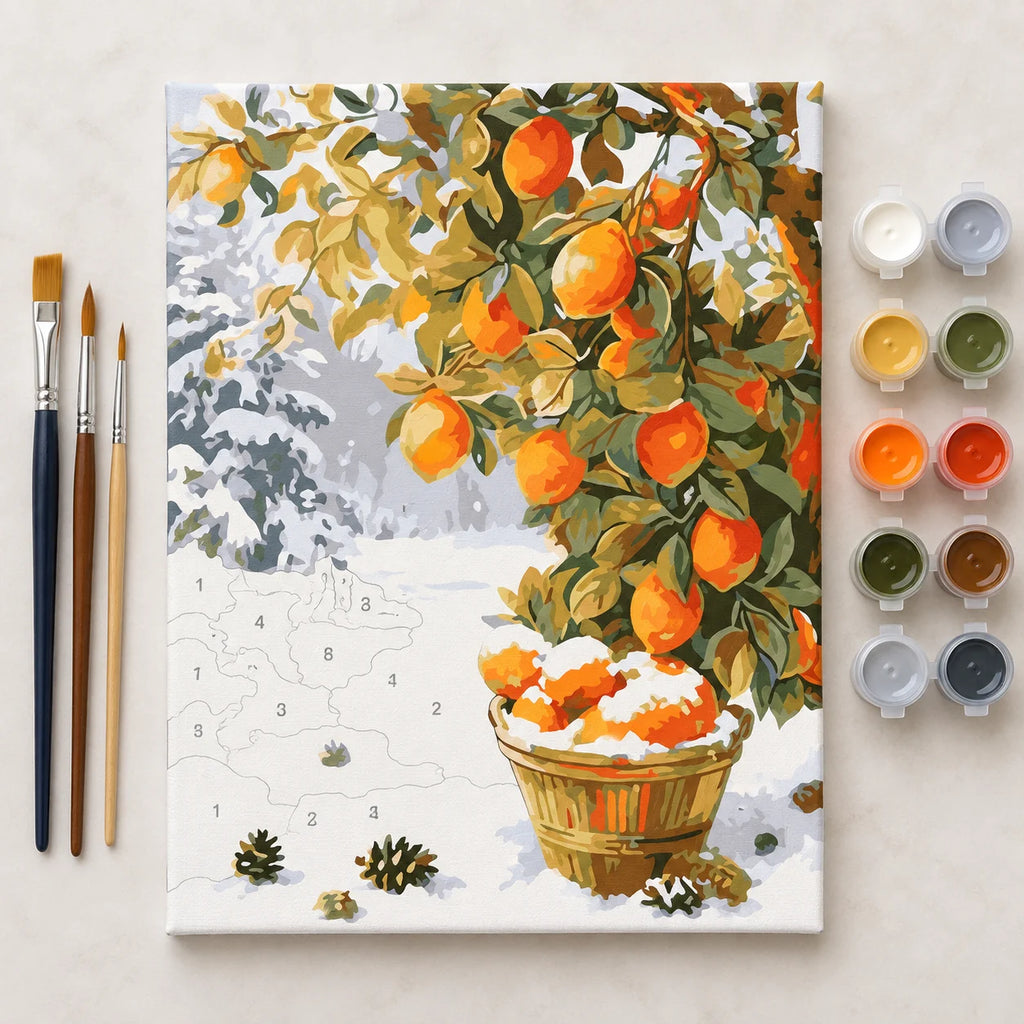 Complete Winter Orange Tree numbered canvas being painted with acrylic paints and brushes