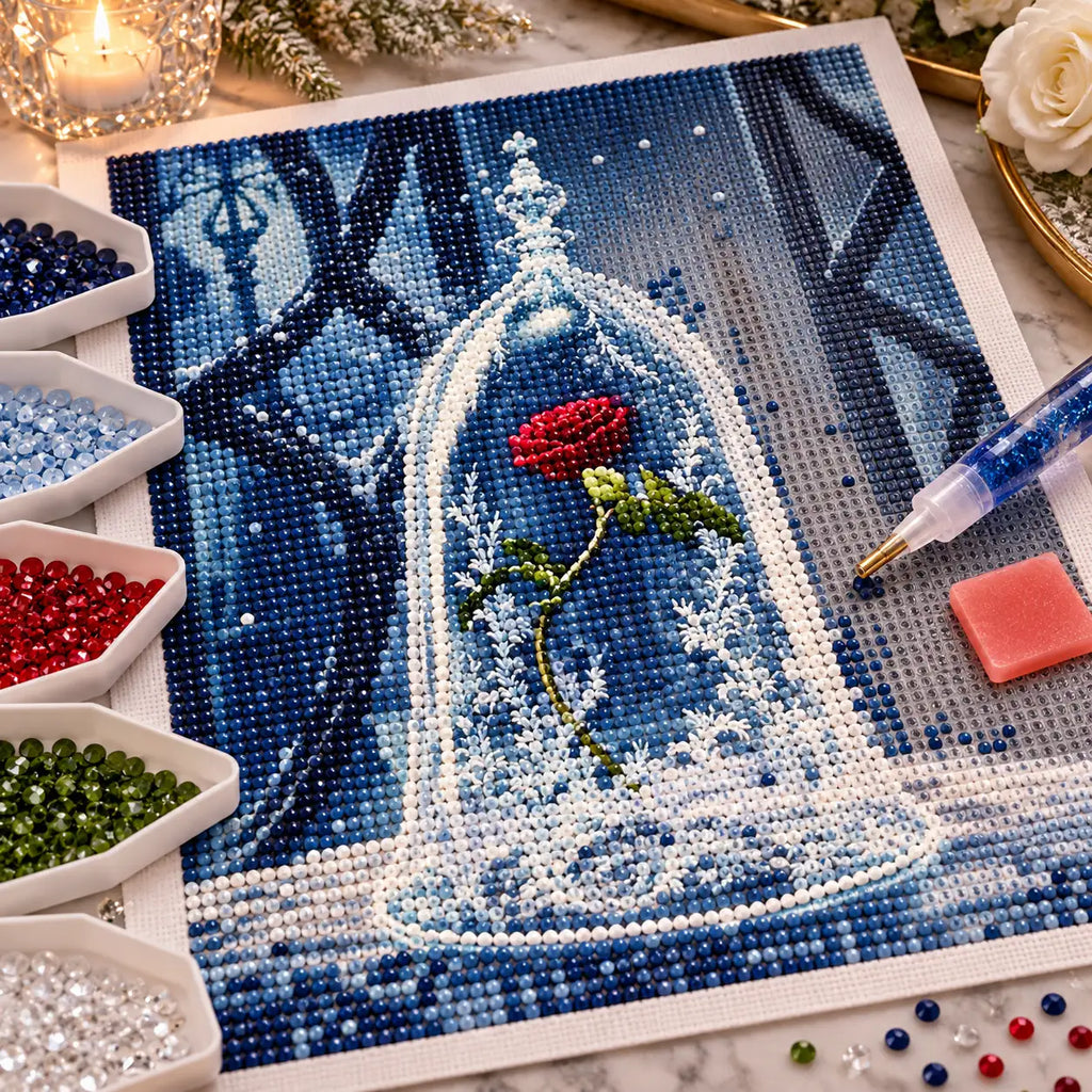 Diamond painting process for Winter Rose Under Glass