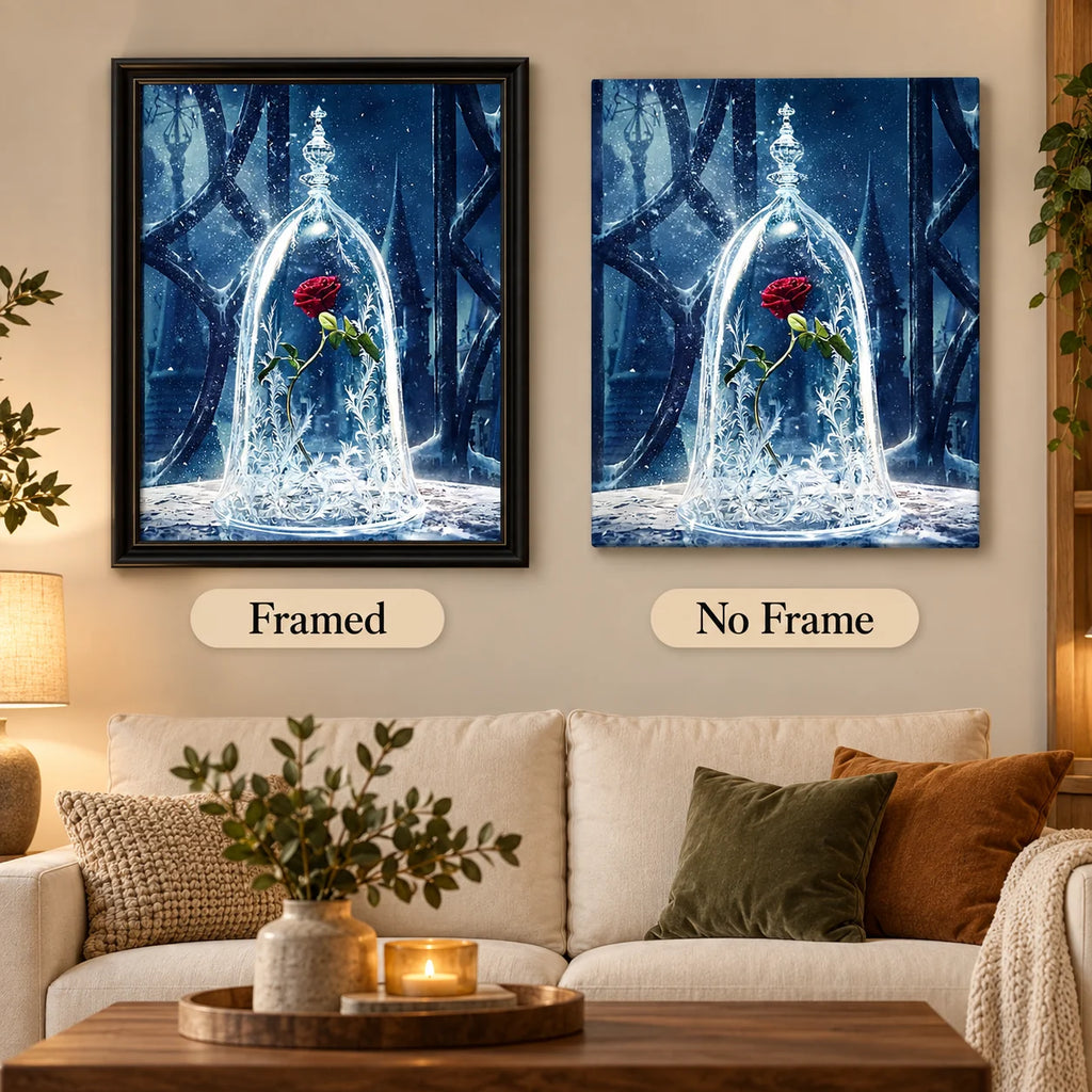 Framed and no-frame options for Winter Rose Under Glass