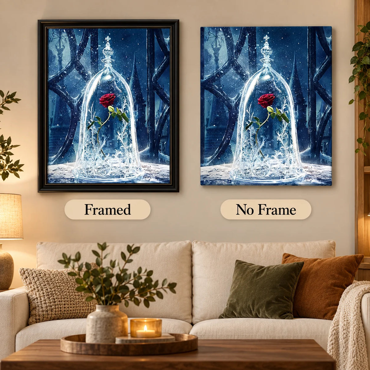 Framed and no-frame options for Winter Rose Under Glass