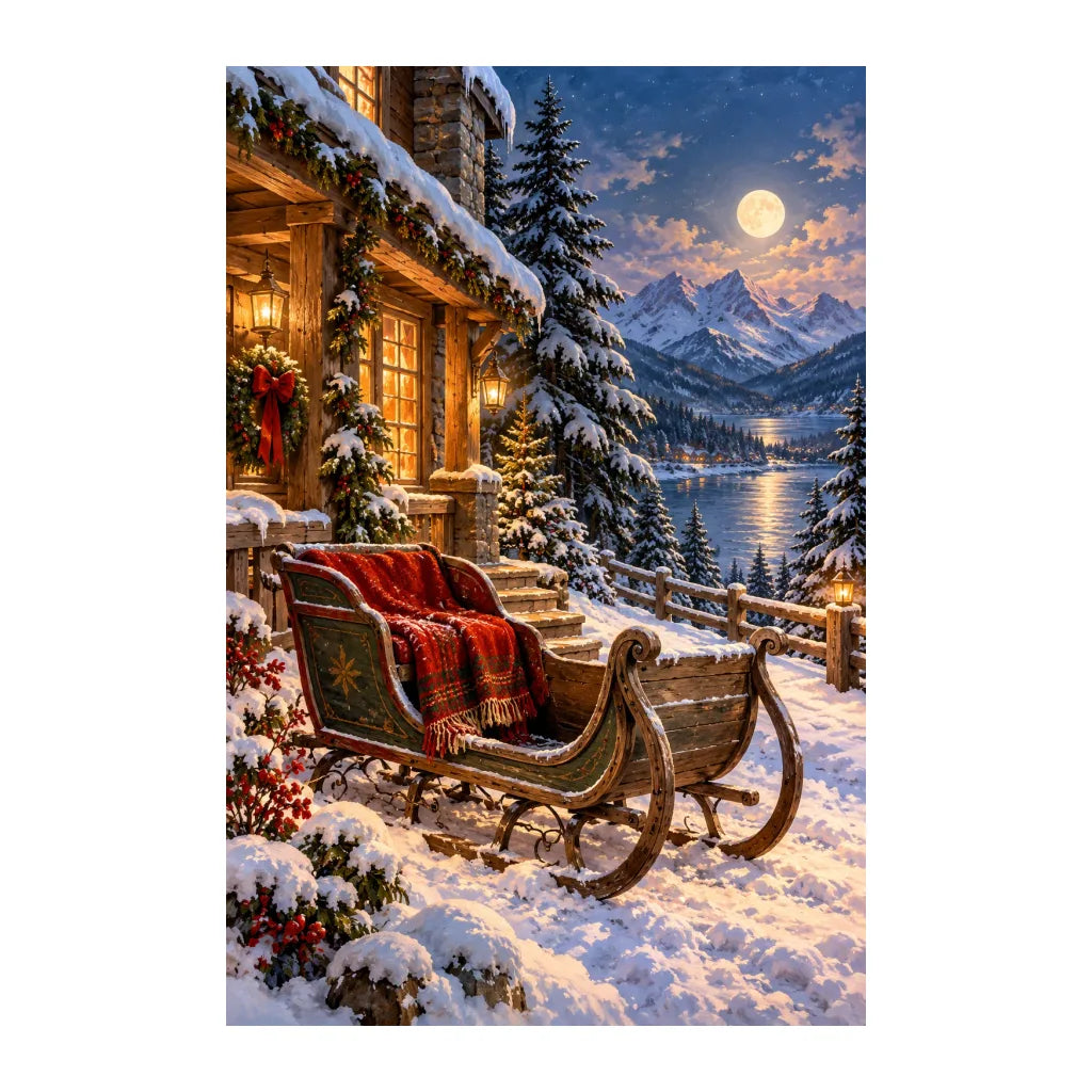 White-background original artwork of winter sleigh by a cabin