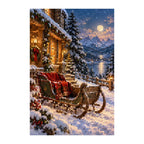 White-background finished diamond painting of winter sleigh by a cabin