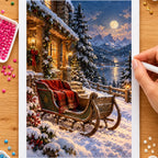 Hands placing drills on the winter sleigh by a cabin diamond painting canvas