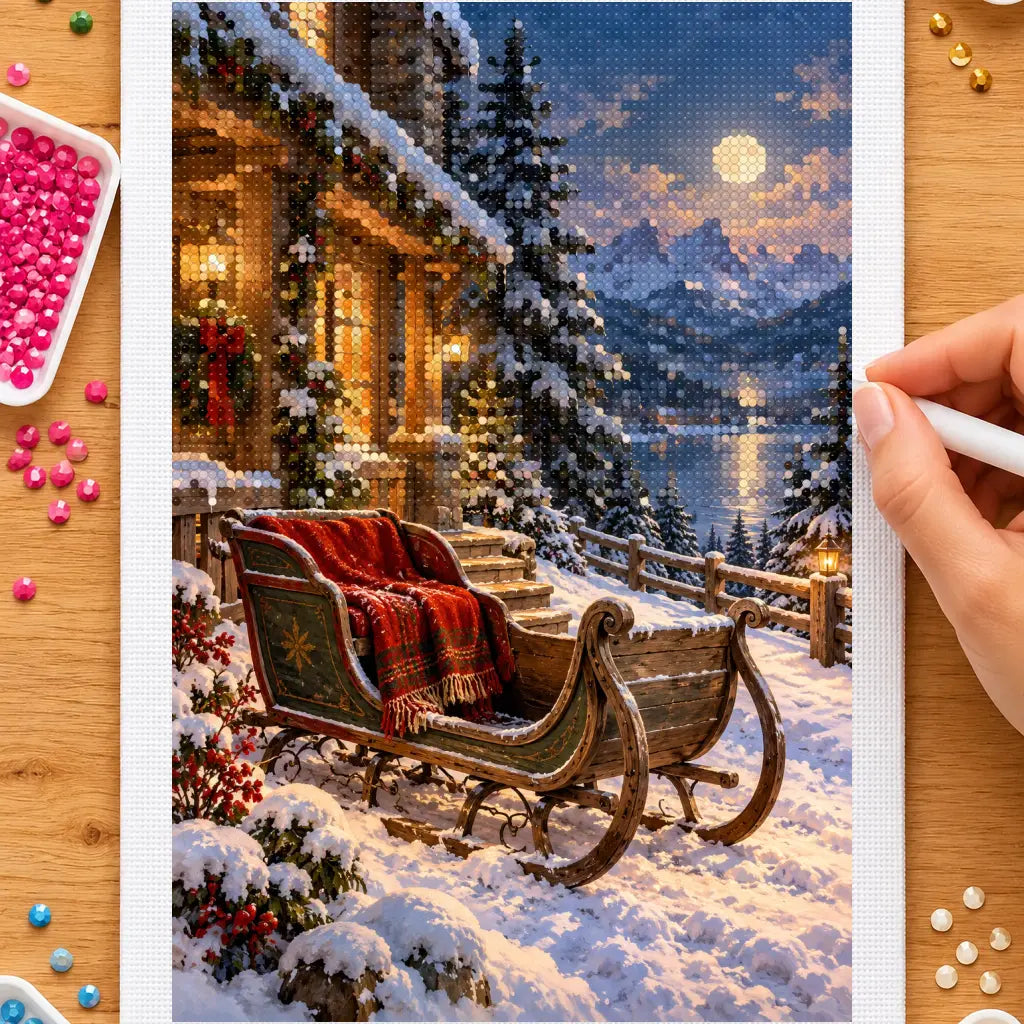 Hands placing drills on the winter sleigh by a cabin diamond painting canvas