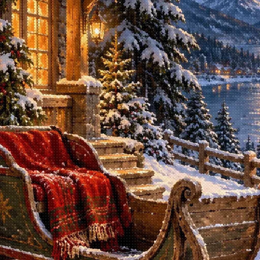 Close-up diamond detail of the winter sleigh by a cabin diamond painting