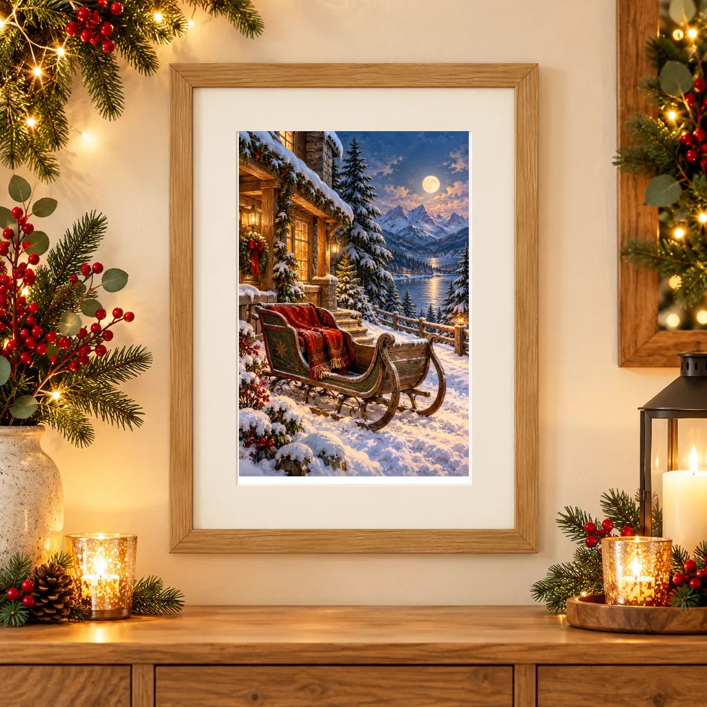 Framed home display of the winter sleigh by a cabin diamond painting