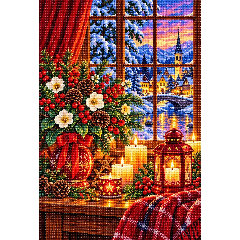 Winter Solstice Candle Window — finished diamond painting on a white background