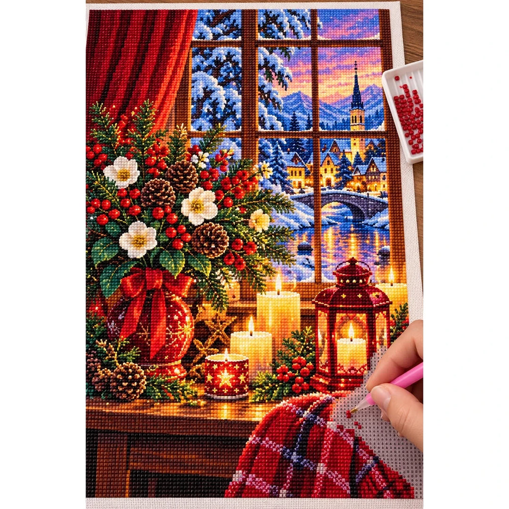 Winter Solstice Candle Window — diamond painting process with applicator pen