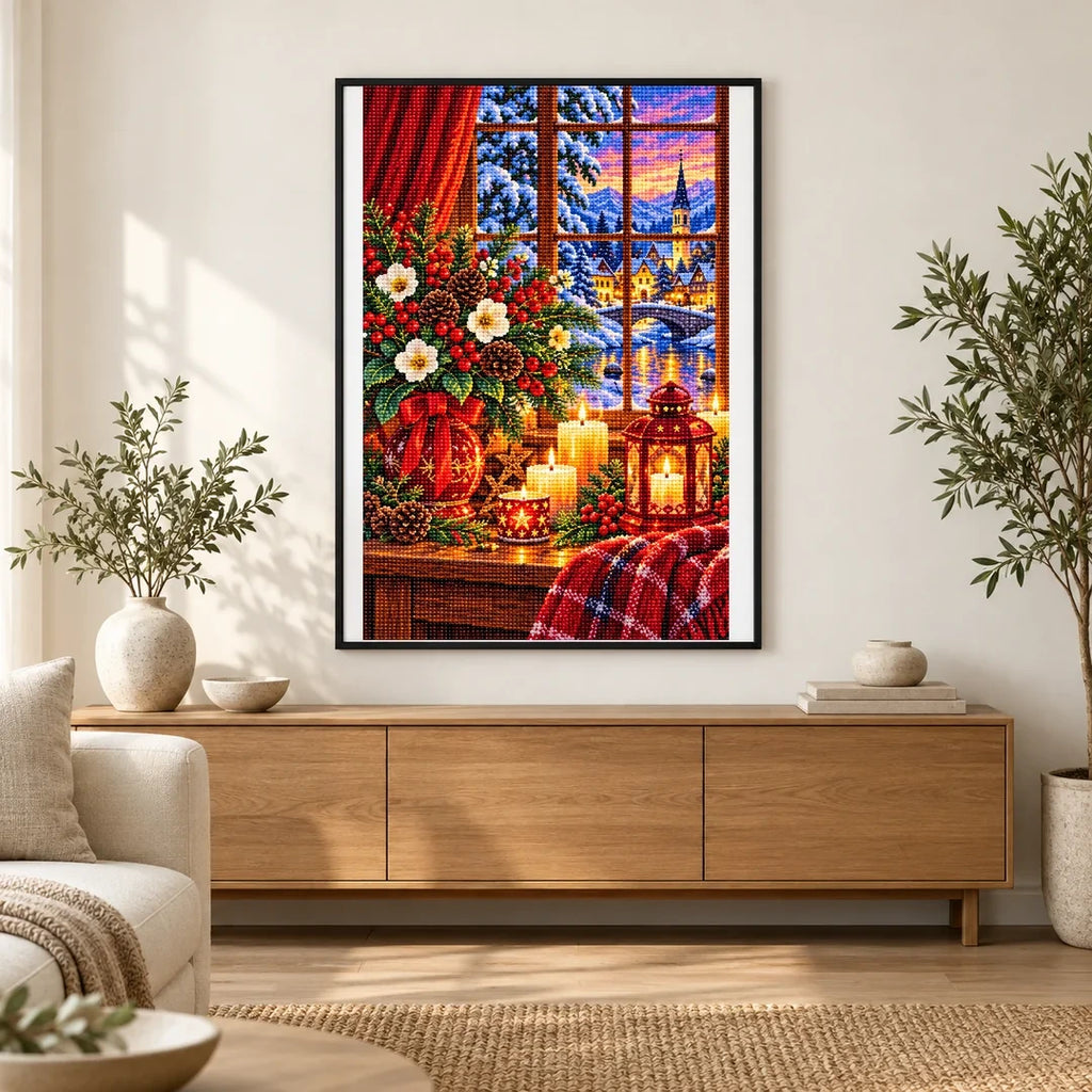 Winter Solstice Candle Window — finished diamond painting displayed in a home interior