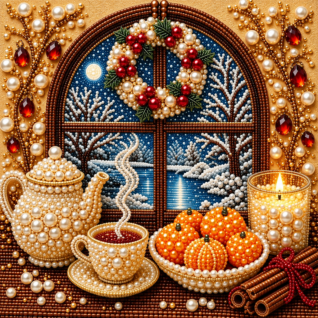 Winter Window Tea Still Life pearl painting kit – detail image