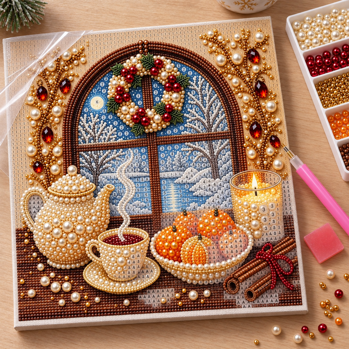 Winter Window Tea Still Life pearl painting kit – process image
