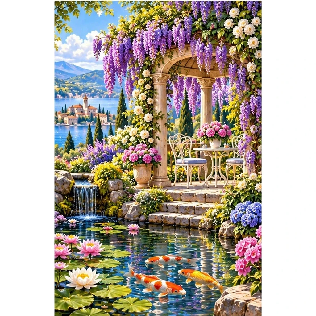 Wisteria Gazebo Koi Pond — original artwork on a clean white background