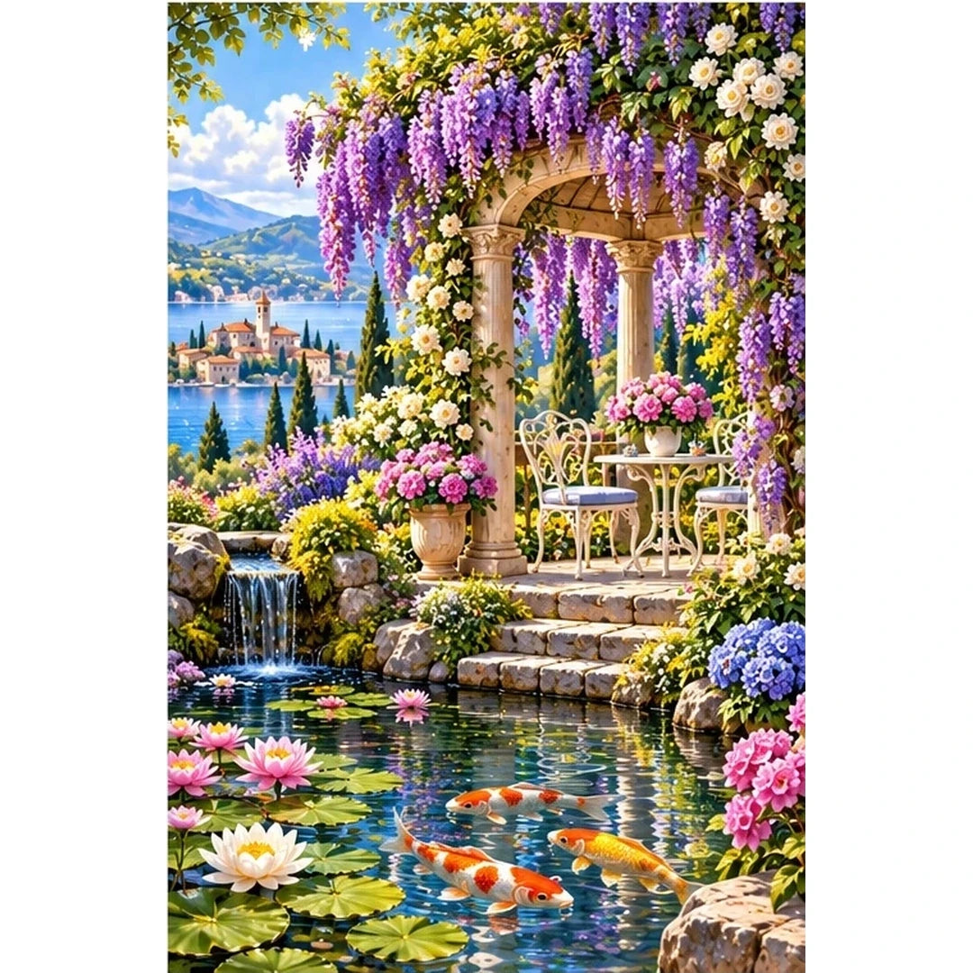 Wisteria Gazebo Koi Pond — original artwork on a clean white background