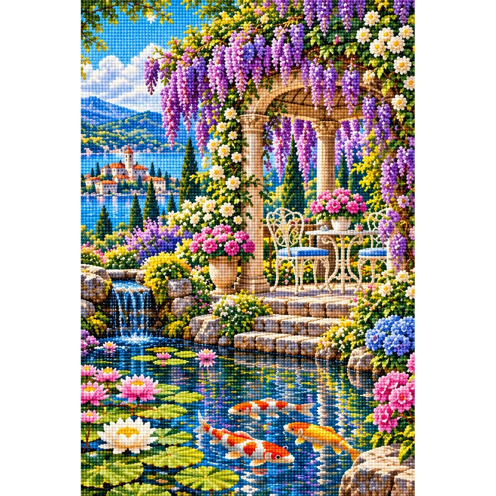 Wisteria Gazebo Koi Pond — finished diamond painting on a white background