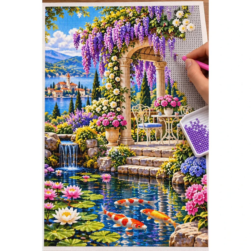Wisteria Gazebo Koi Pond — diamond painting process with applicator pen
