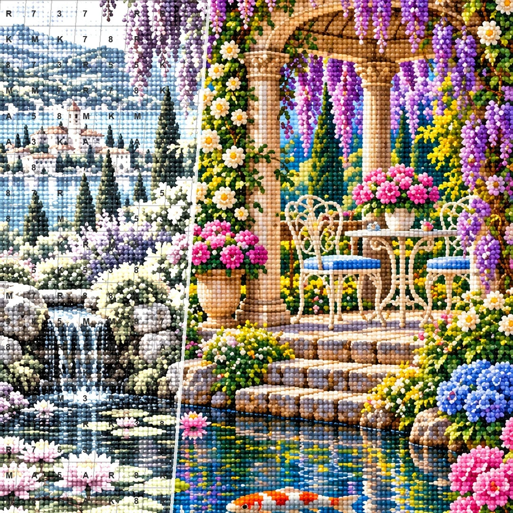 Wisteria Gazebo Koi Pond — close-up canvas and resin drill detail