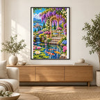 Wisteria Gazebo Koi Pond — finished diamond painting displayed in a home interior