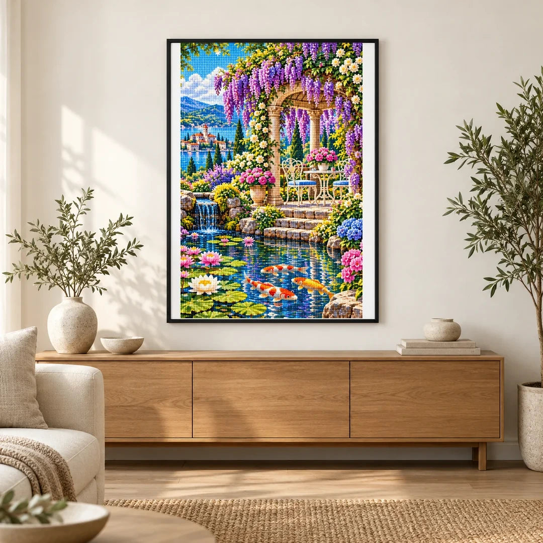 Wisteria Gazebo Koi Pond — finished diamond painting displayed in a home interior