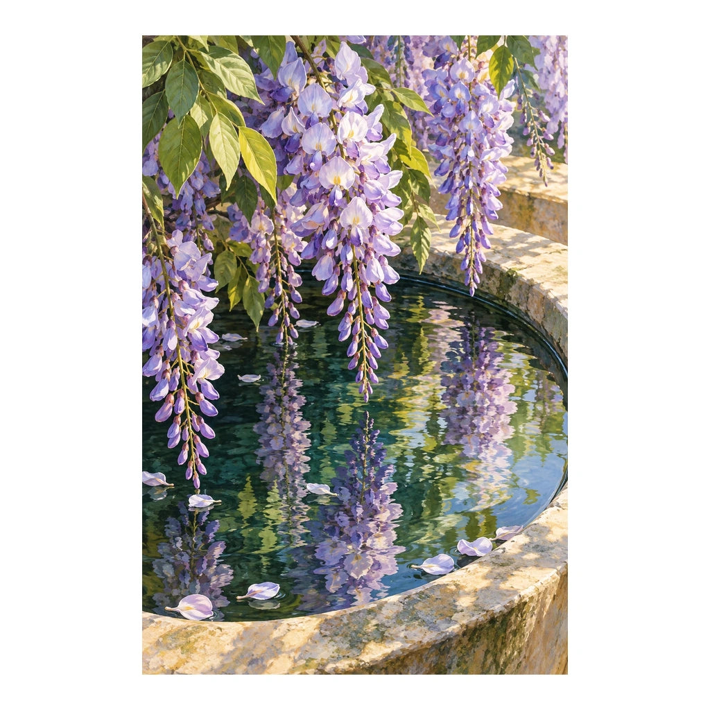 Lavender wisteria and green leaves reflected in a stone basin: original artwork on a clean white background
