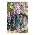 Lavender wisteria and green leaves reflected in a stone basin: original artwork on a clean white background