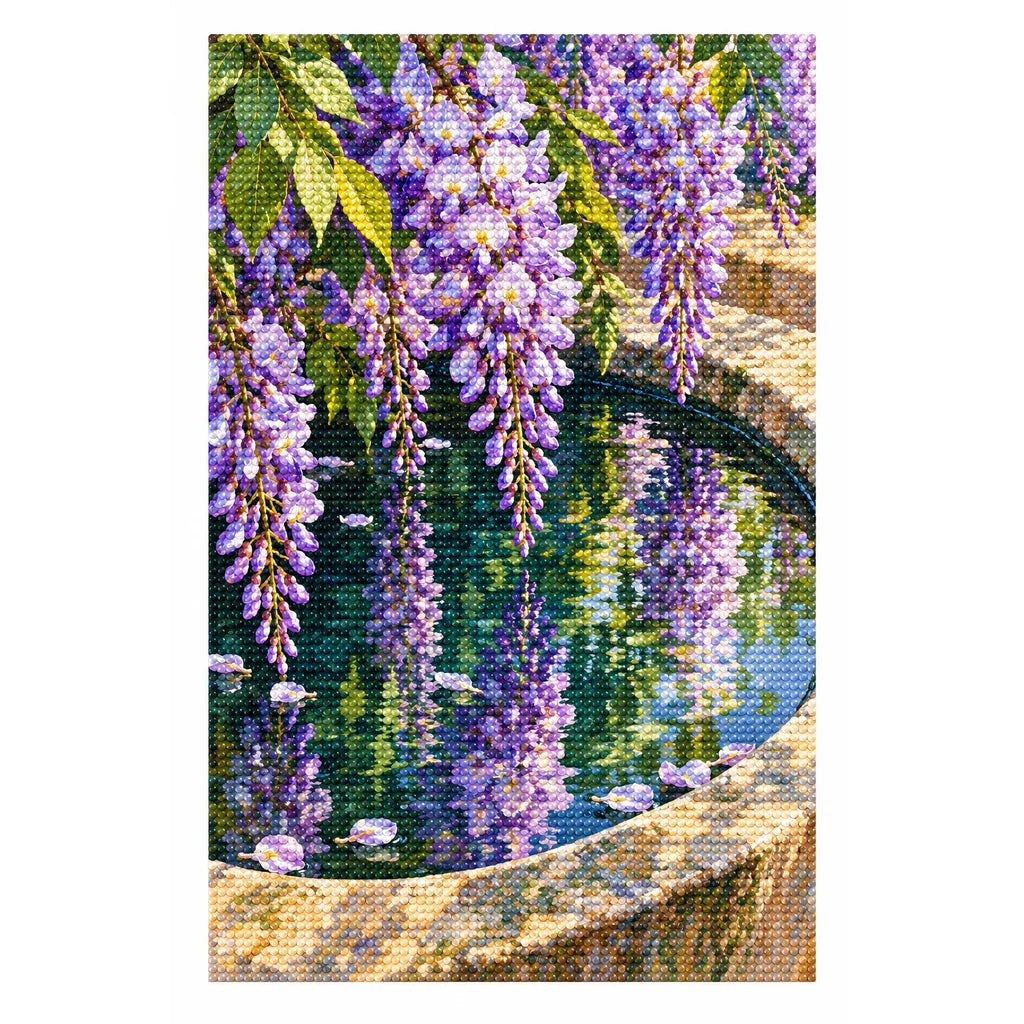Lavender wisteria and green leaves reflected in a stone basin: finished diamond painting on a clean white background