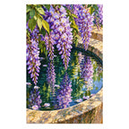 Lavender wisteria and green leaves reflected in a stone basin: finished diamond painting on a clean white background