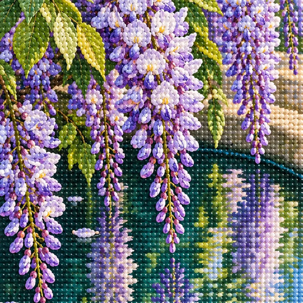 Lavender wisteria and green leaves reflected in a stone basin: close-up of the diamond drills