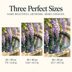 Lavender wisteria and green leaves reflected in a stone basin: three available size guide