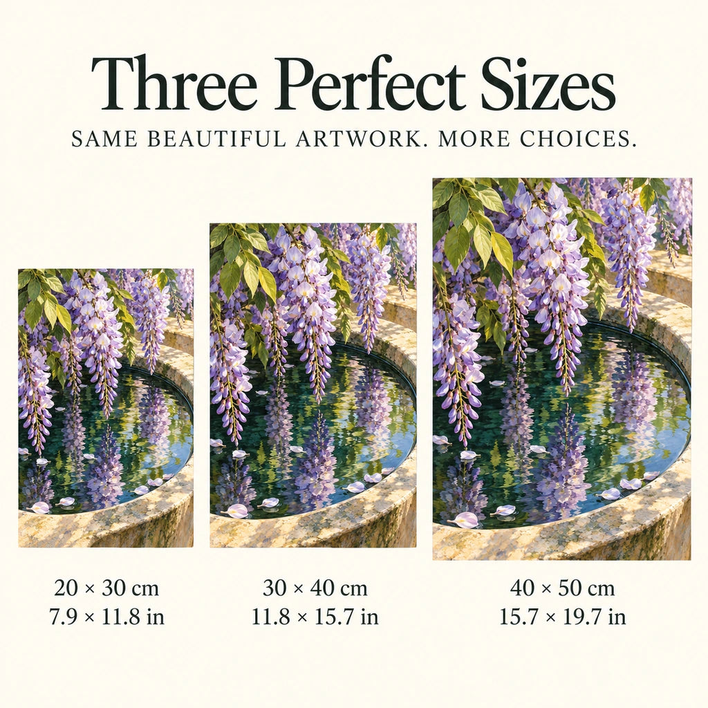 Lavender wisteria and green leaves reflected in a stone basin: three available size guide