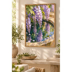 Lavender wisteria and green leaves reflected in a stone basin: displayed as home wall decor