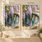 Lavender wisteria and green leaves reflected in a stone basin: framed and no-frame style comparison