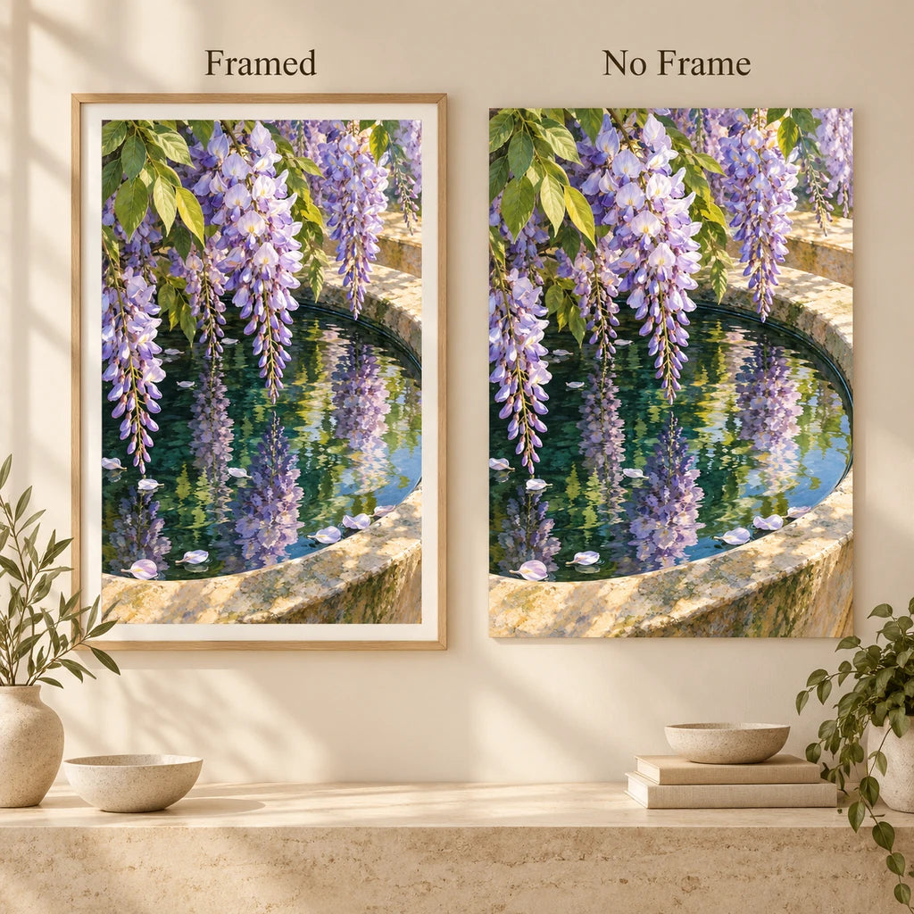 Lavender wisteria and green leaves reflected in a stone basin: framed and no-frame style comparison