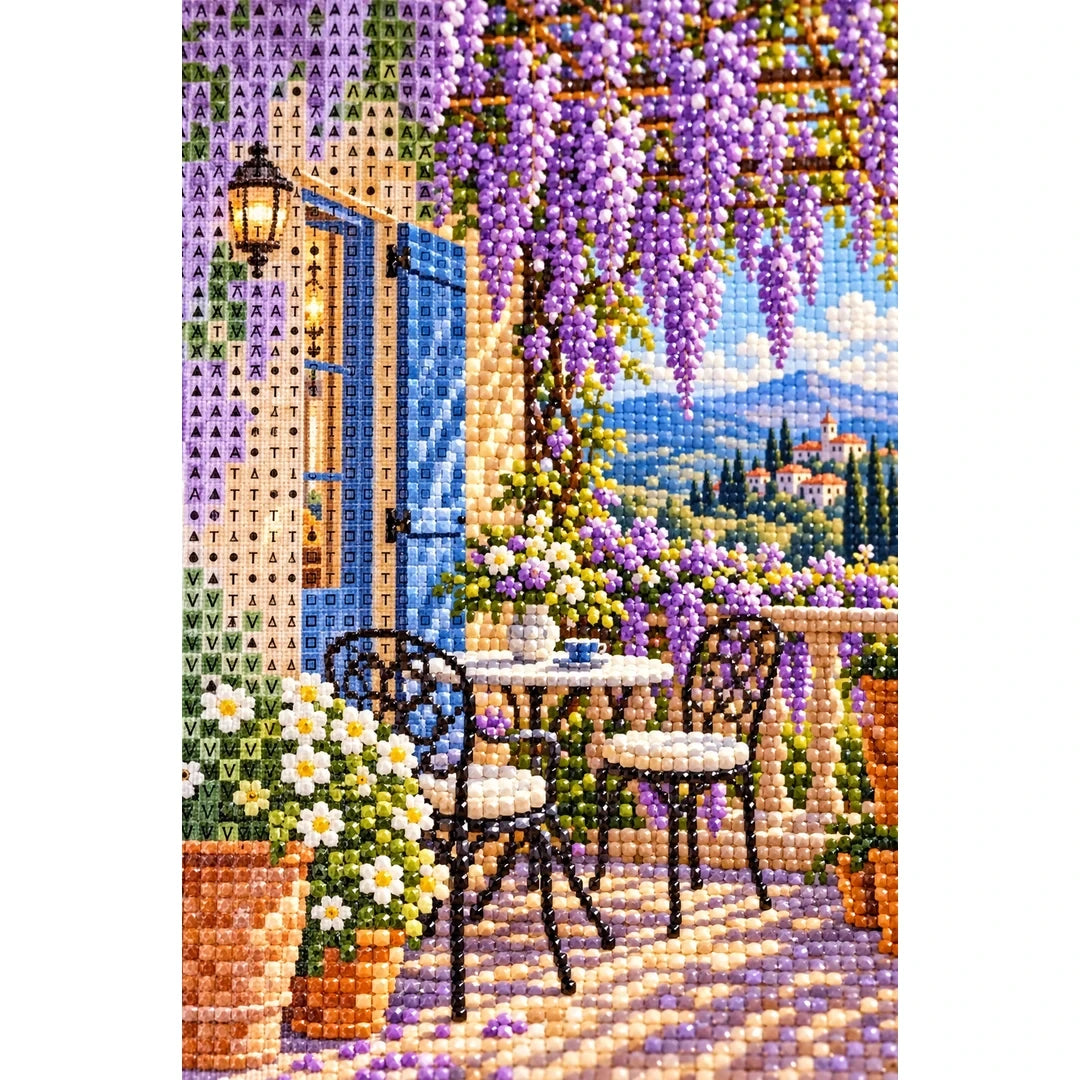 Wisteria Terrace Lake Diamond Painting Kit diamond and canvas detail